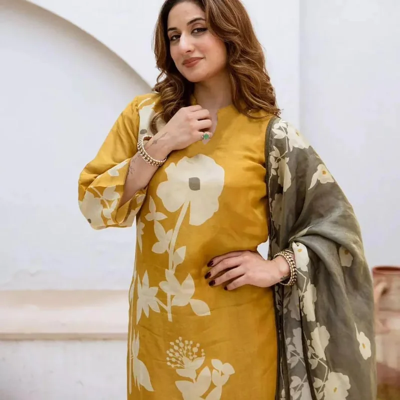 GoSriKi  GoSriKi Women's Rayon Viscose Printed Straight Kurta with Pant & Dupatta (PANUJA Yellow-GS_3XL_Yellow_XXX-Large) for Women | Best Price UAE